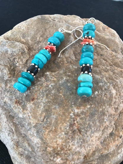 Blue Turquoise Red Spiny Oyster Sterling Silver Navajo Earrings