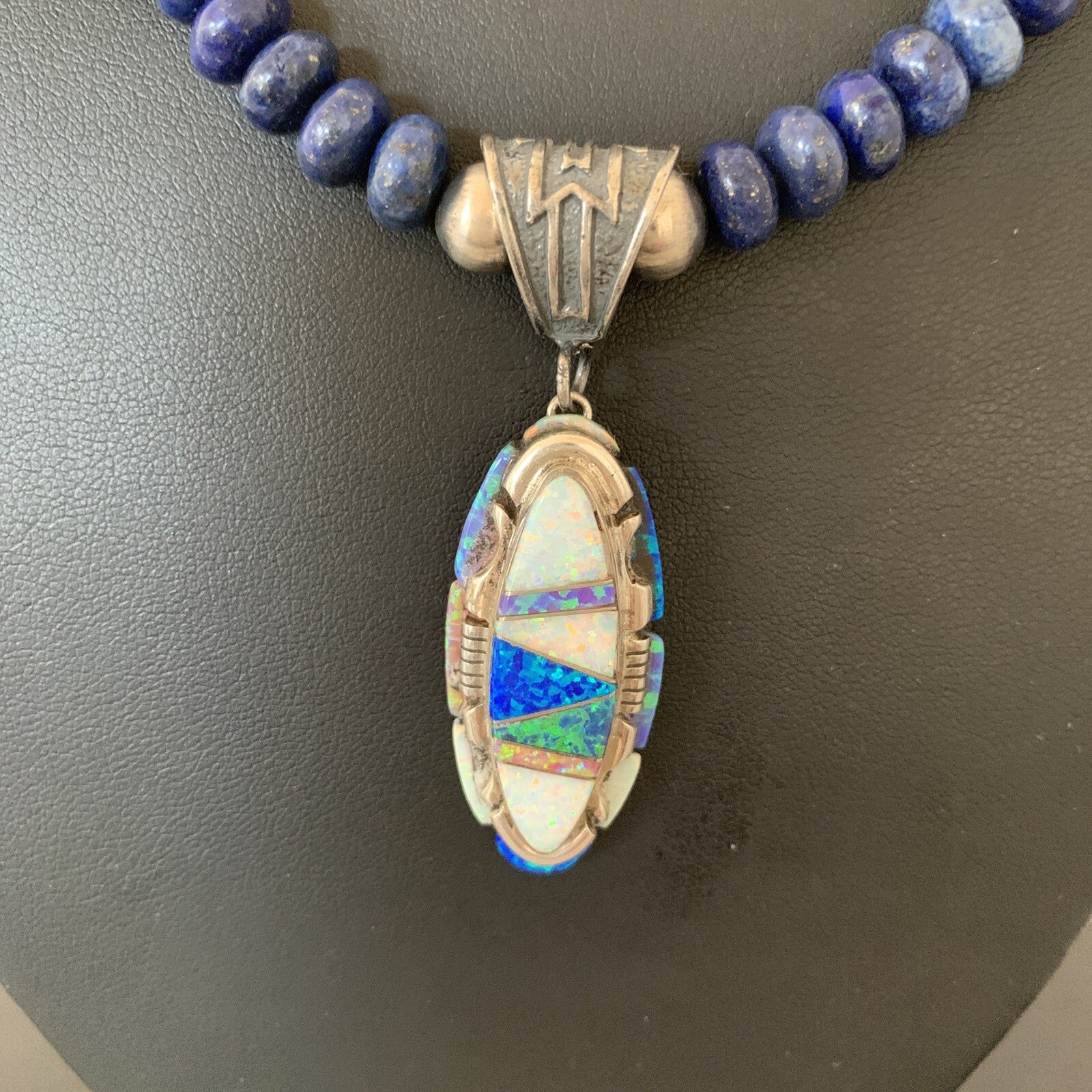 Navajo Sterling Silver Necklace Lapis Opal Pendant Native American 19491