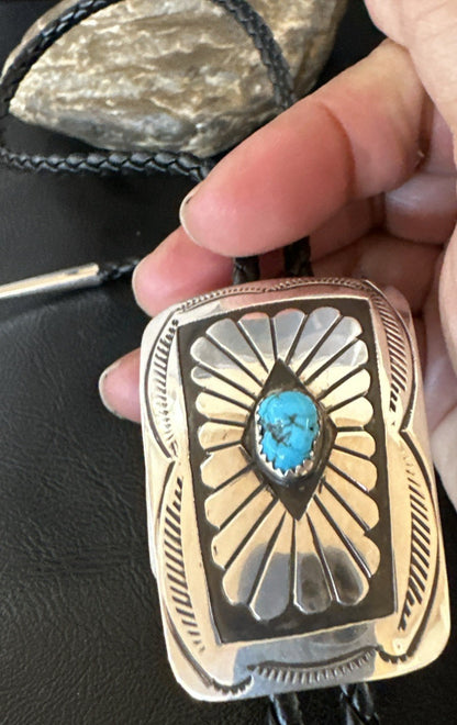 Mens Blue Kingman Turquoise Stamped Navajo Sterling Silver Bolo Tie 2” 19302