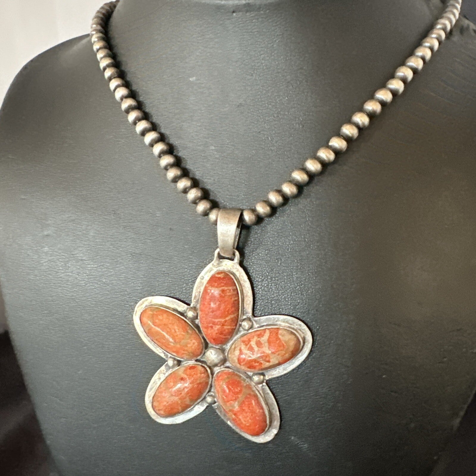 Navajo Apple Sponge Coral Sterling Silver Necklace Pendant 18133