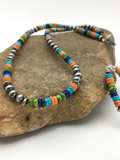 Southwestern Turquoise Spiny Lapis Silver Necklace Bracelet Set 8" 02762