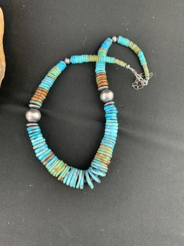 Navajo Blue Green Turquoise Graduated Necklace Sterling Silver 20" 234