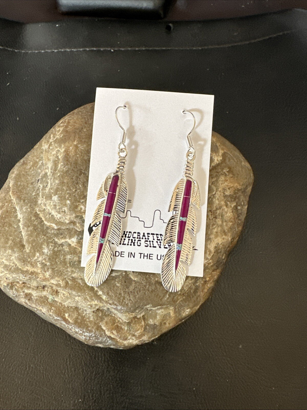 Purple Sugilite Opal Sterling Silver Handmade Inlay Feather Earrings 18694