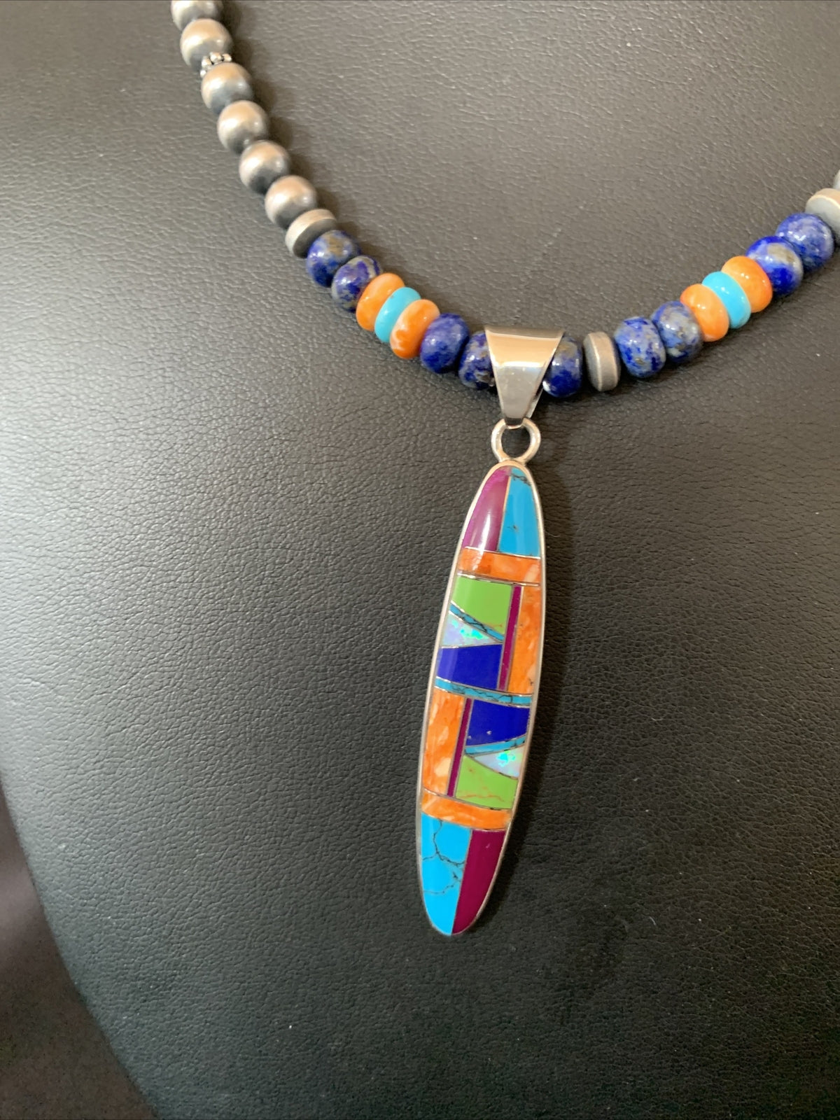 Turquoise & Spiny Oyster Inlay Pendant Navajo Sterling Silver Necklace 11637