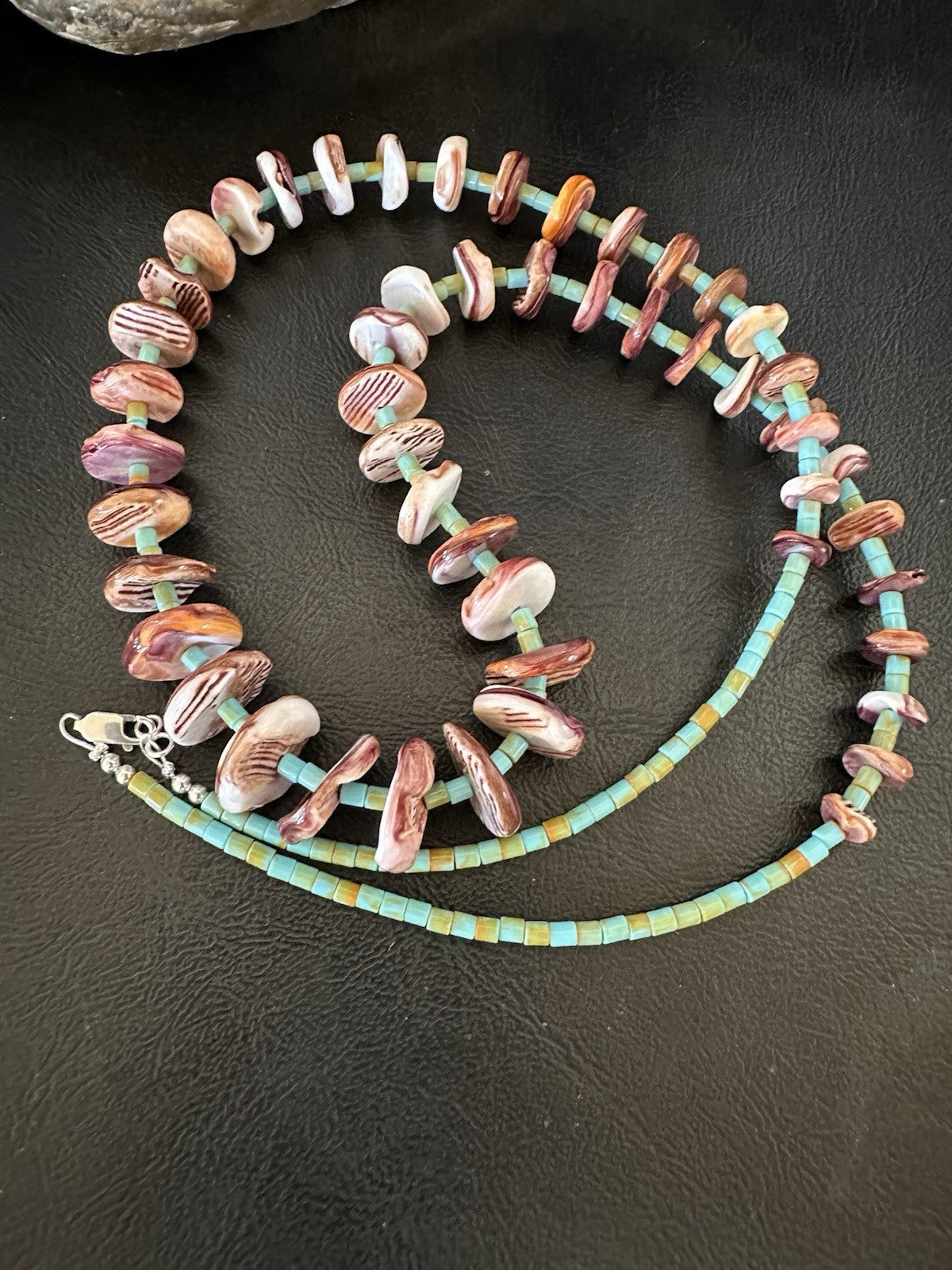 Purple Spiny Oyster Turquoise Navajo Pearls Sterling Silver Necklace 29” 19465