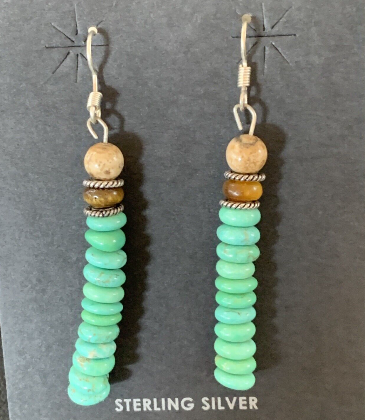 Green Turquoise & Picture Jasper Bead Navajo Sterling Silver Earrings 04080
