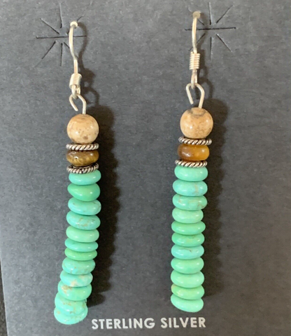 Green Turquoise & Picture Jasper Bead Navajo Sterling Silver Earrings 04080
