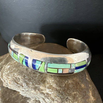 Womens Green Turquoise Lapis Navajo Sterling Silver Inlay Cuff Bracelet 19037