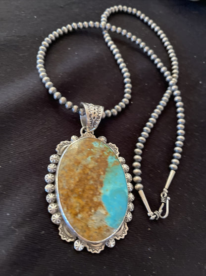 Blue Kingman Turquoise Pendant Navajo Pearls Sterling Silver Necklace 01310