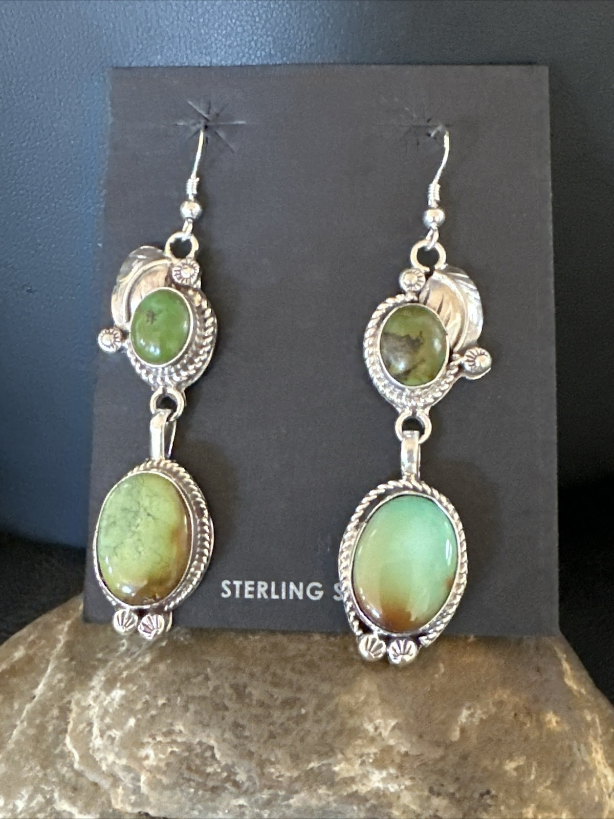 Native Navajo Green Turquoise Sterling Silver Dangle Earrings 2” 17700