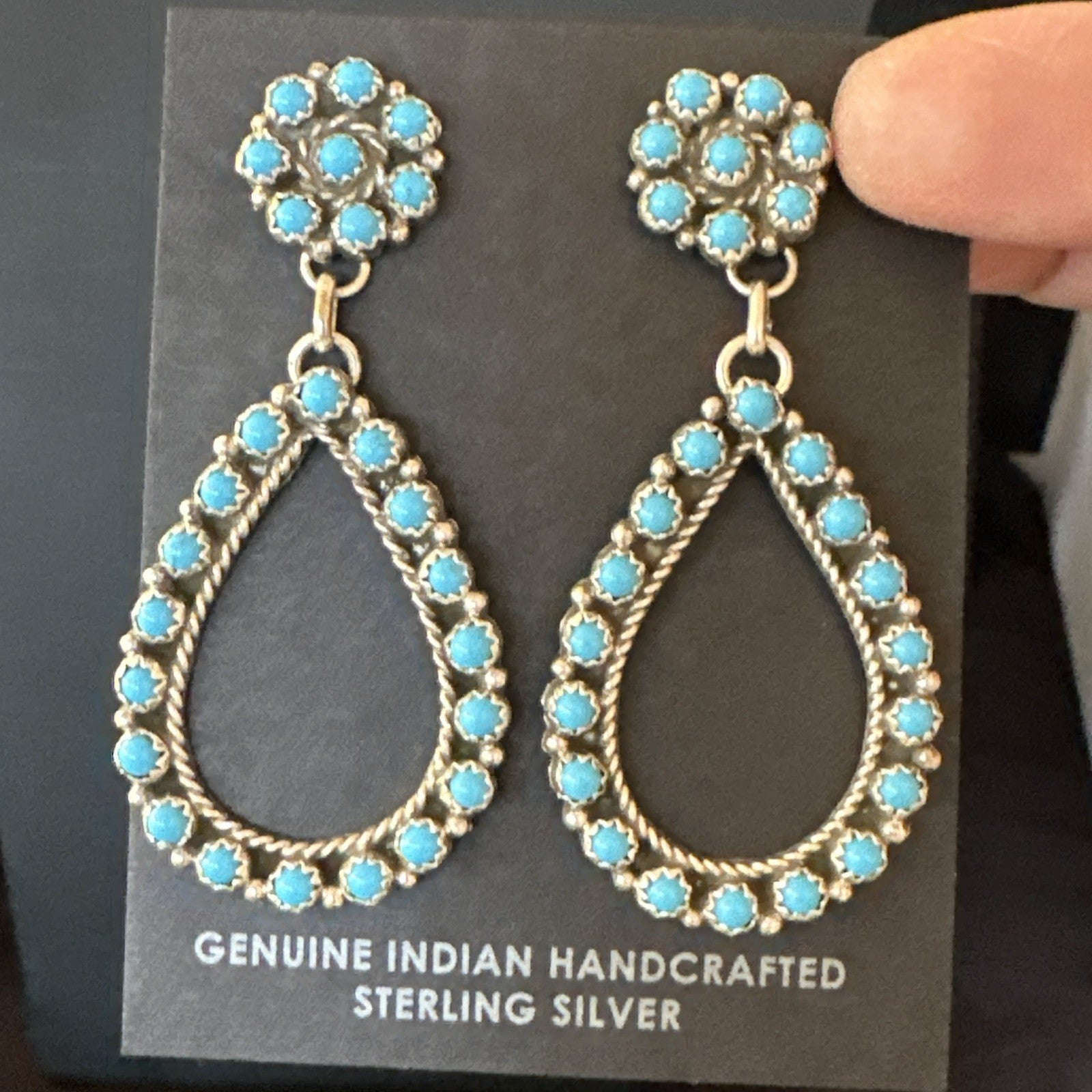 Zuni Petite Point Turquoise Cluster Earrings Sterling Silver Handmade 19772