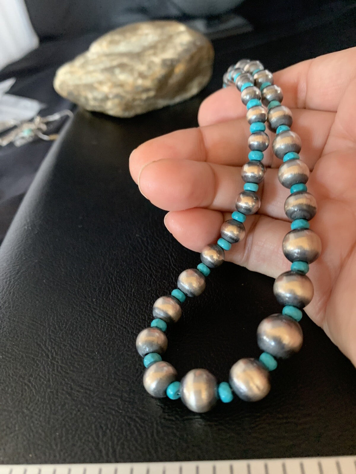 Navajo Pearls Graduated Sterling Blue Turquoise Bead Necklace 16" 96116