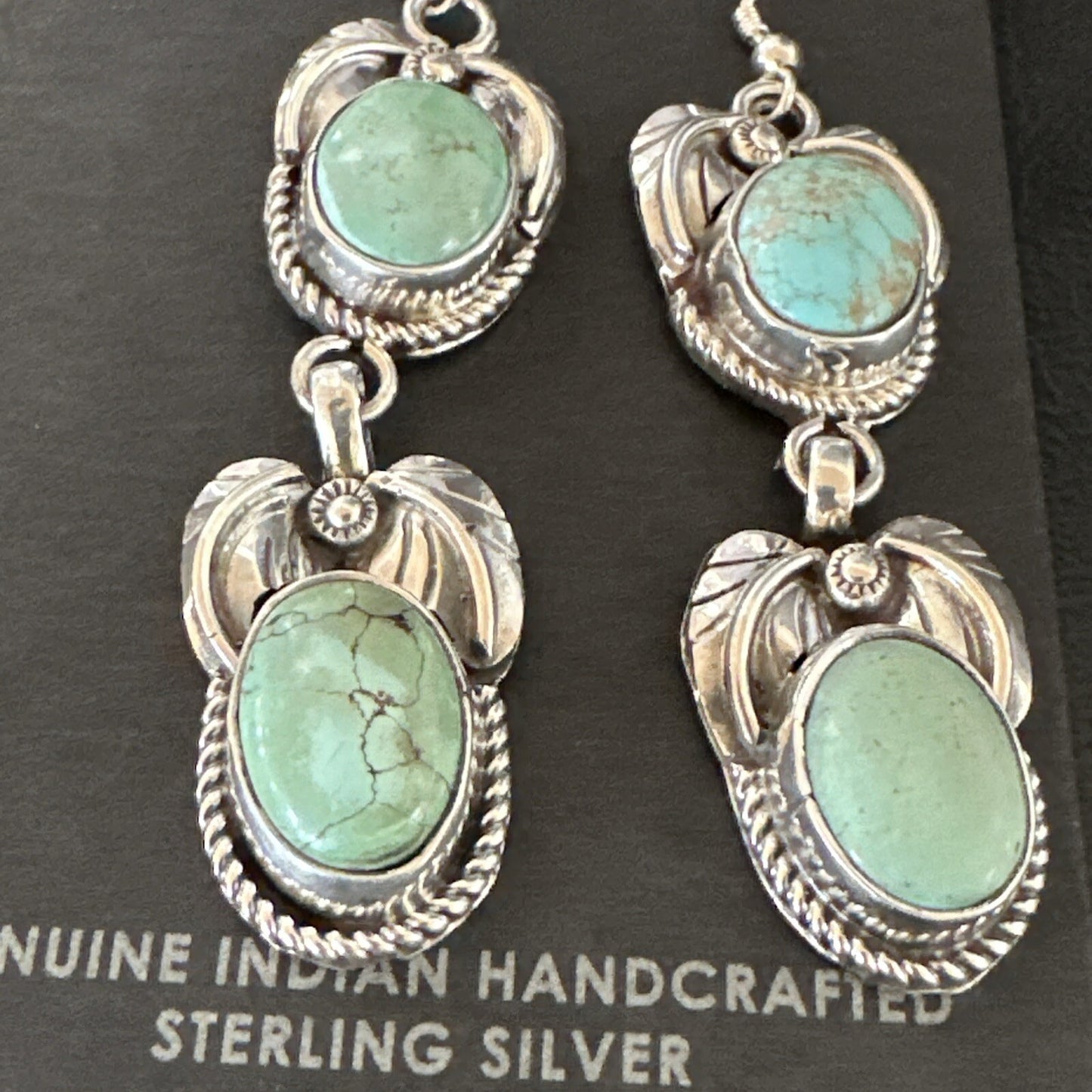 Native Navajo Blue Green Turquoise Sterling Silver Dangle Earrings 2” 17917