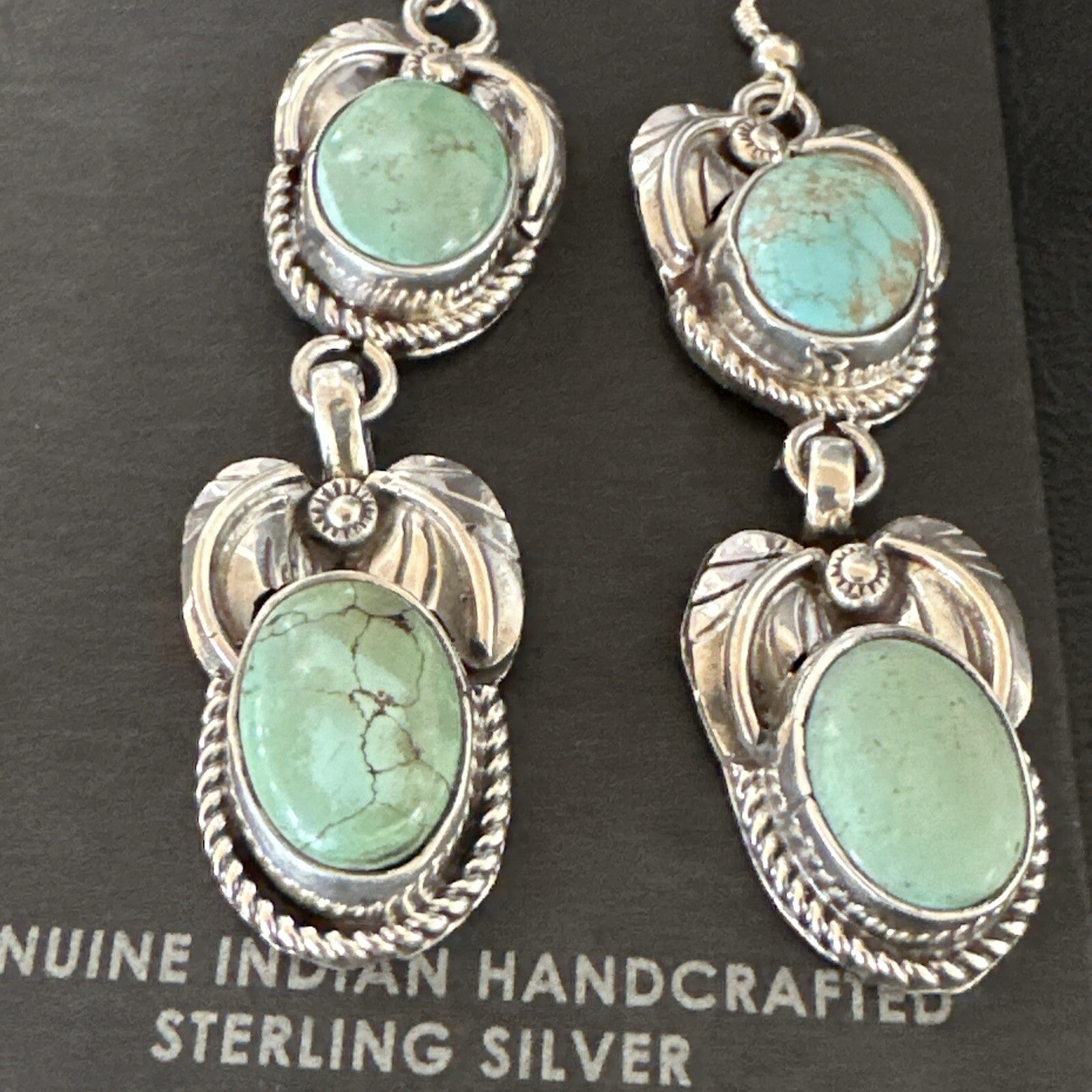 Native Navajo Blue Green Turquoise Sterling Silver Dangle Earrings 2” 17917