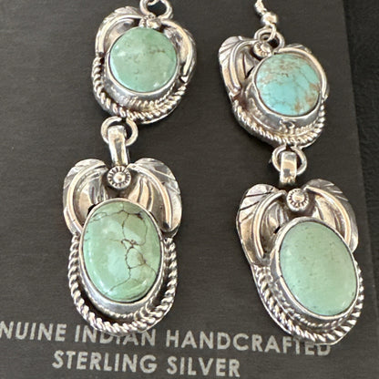 Native Navajo Blue Green Turquoise Sterling Silver Dangle Earrings 2” 17917