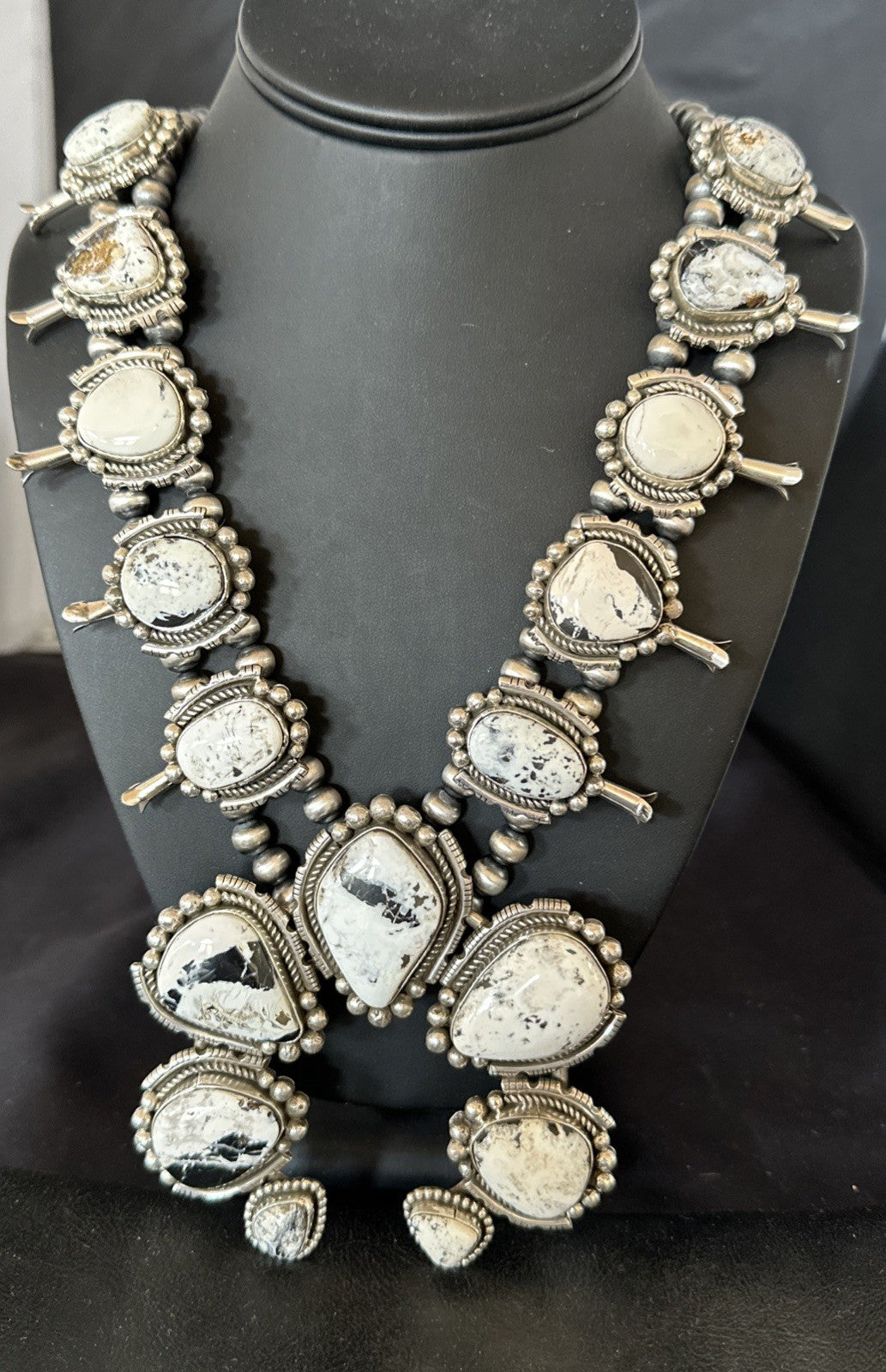 White Buffalo Turquoise Pendant Navajo Sterling Silver Squash Necklace 19305