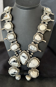 White Buffalo Turquoise Pendant Navajo Squash Necklace | Sterling Silver | Authentic Native American Handmade | 19305