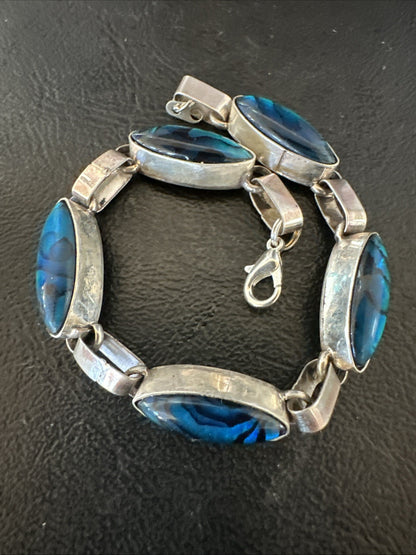 Women Old Pawn Blue Pava Shell Navajo Sterling Silver Link Bracelet 8” 19799