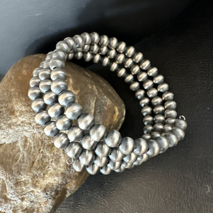 Sterling Silver Navajo Pearls 6mm Beads Stainless Steel Wire Wrap Bracelet 19021