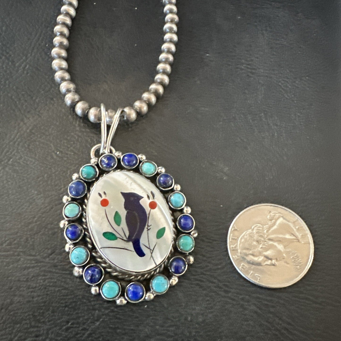 Blue Turquoise Black Onyx Inlay Pendant Sterling Silver Necklace 20�17926