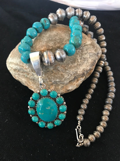 Navajo Pearls Kingman Beads Turquoise Sterling Silver Necklace Pendant 01223