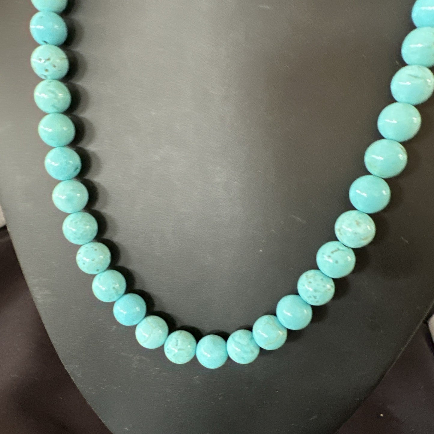 Blue Turquoise 10mm Round Bead Southwestern Sterling Silver Necklace 18” 19402