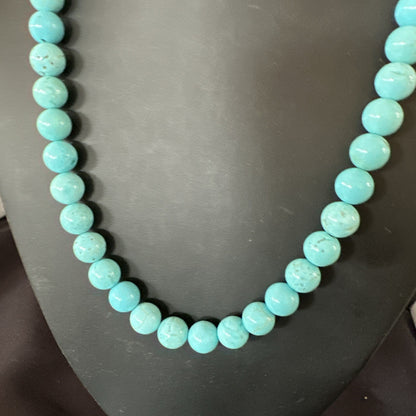 Blue Turquoise 10mm Round Bead Southwestern Sterling Silver Necklace 18” 19402