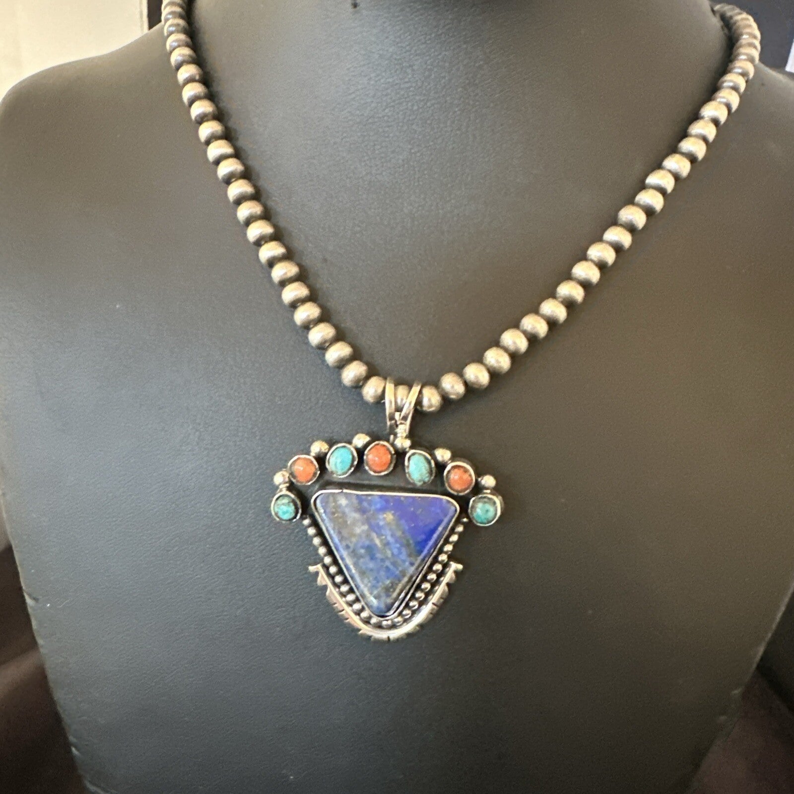 Blue Lapis Cluster Pendant Navajo Sterling Silver Beads Necklace 20" 18753
