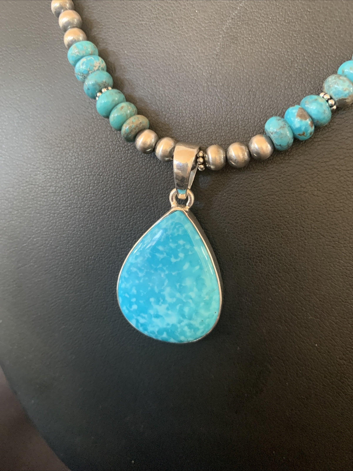 Womens Blue Kingman Turquoise Sterling Silver Beads Necklace Pendant 11692