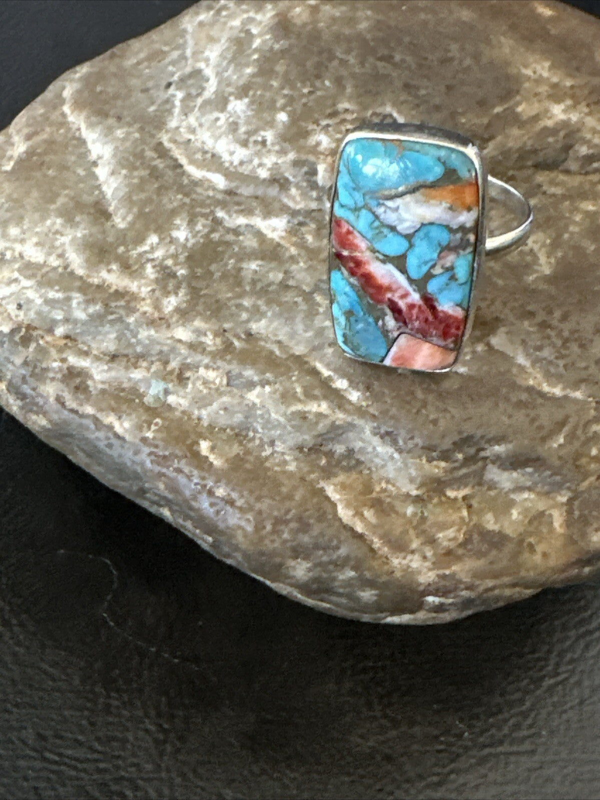 Blue Turquoise Spiny Oyster Southwestern Sterling Silver Ring Size 8 18434
