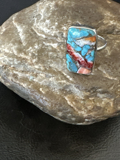 Blue Turquoise Spiny Oyster Southwestern Sterling Silver Ring Size 8 18434