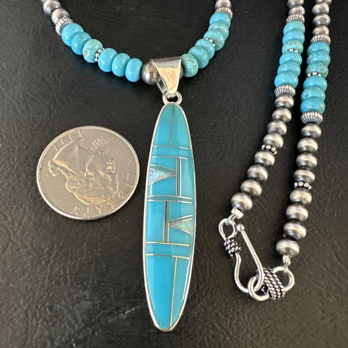Blue Turquoise Pendant Navajo Pearls Sterling Silver Necklace 15425
