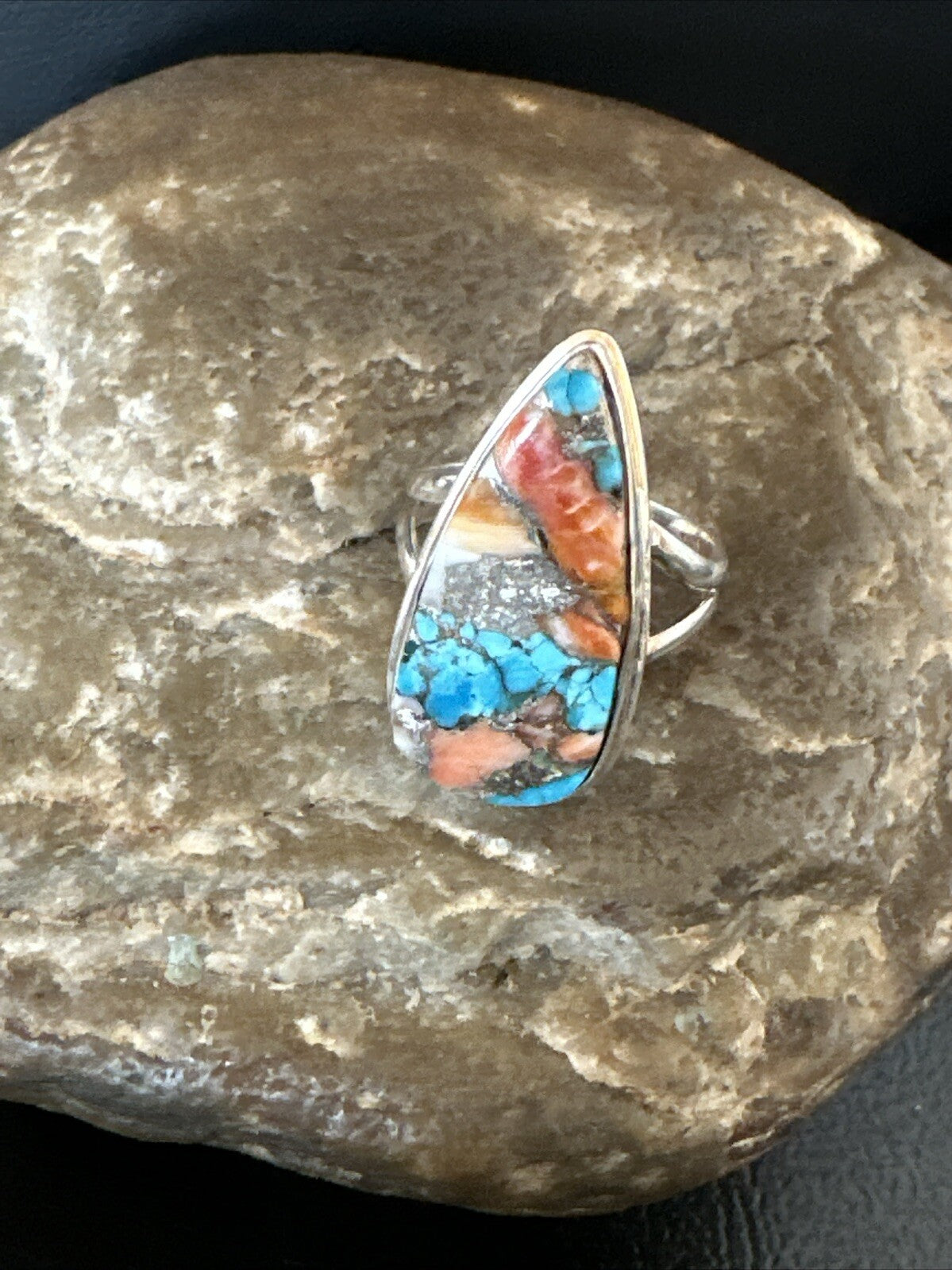 Blue Turquoise Orange Spiny Oyster Navajo Sterling Silver Ring Size 6 18211