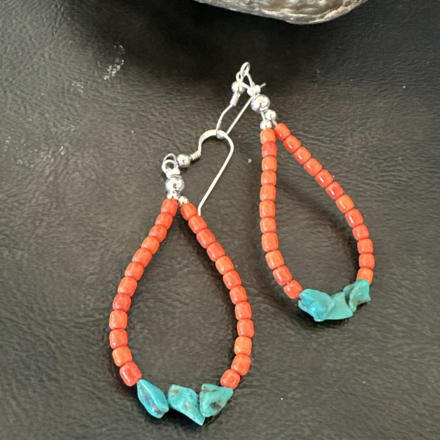 Blue Turquoise Coral Navajo Sterling Silver Earrings 2” 18833