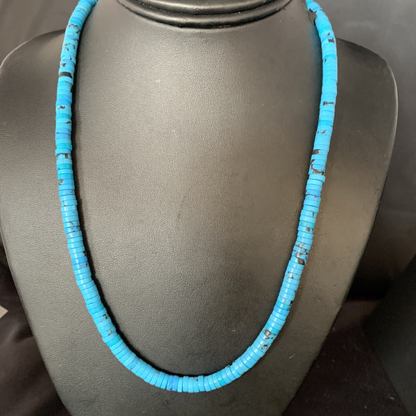 Robin Egg Blue Turquoise 18"Heishi Bead Necklace | Sterling Silver | Authentic Native American Handmade | 14008
