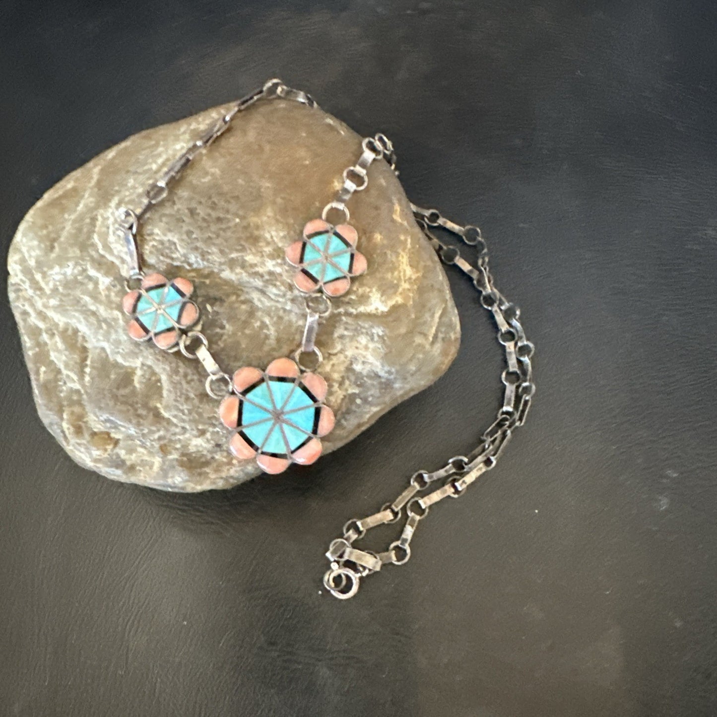 Pink Coral Turquoise Pendant Zuni Sterling Silver Old Pawn Necklace 22" 19143