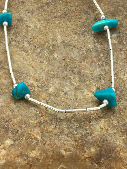 Girls Nugget Turquoise Liquid Sterling Silver Necklace 14" 02931