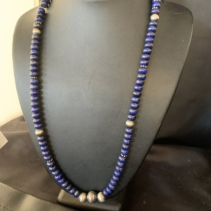 Mens Blue Lapis Lazuli Navajo Pearls Sterling Silver Necklace 24” 13956