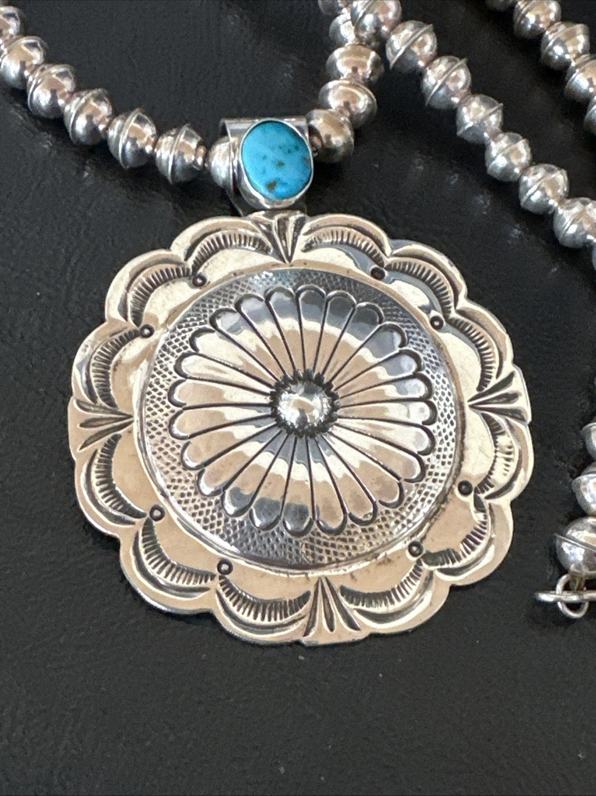 H Joe Navajo Sterling Silver Pendant Blue Kingman Turquoise Necklace 25”19443