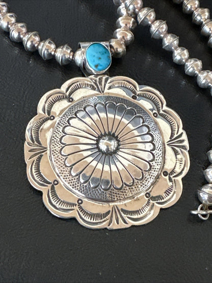 H Joe Navajo Sterling Silver Pendant Blue Kingman Turquoise Necklace 25”19443