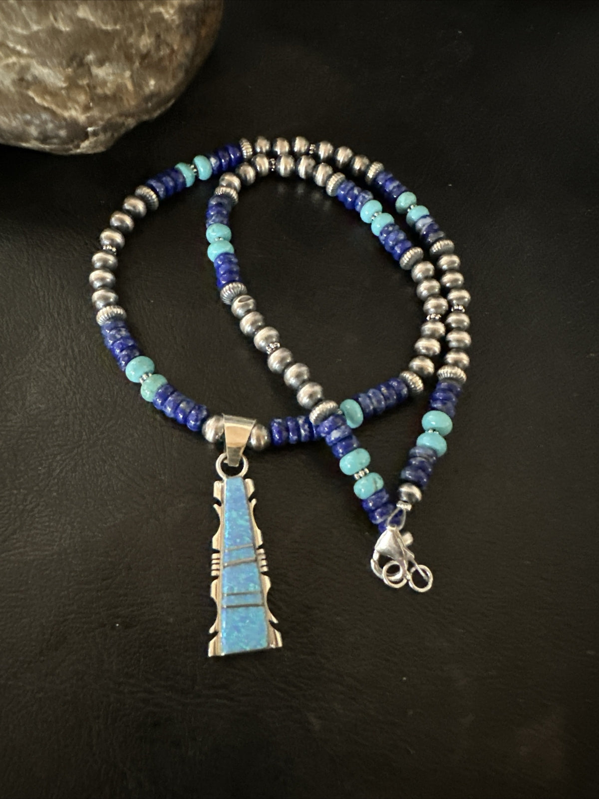 Mens Blue Turquoise Lapis Opal Pendant Navajo Sterling Silver Necklace 20" 17896