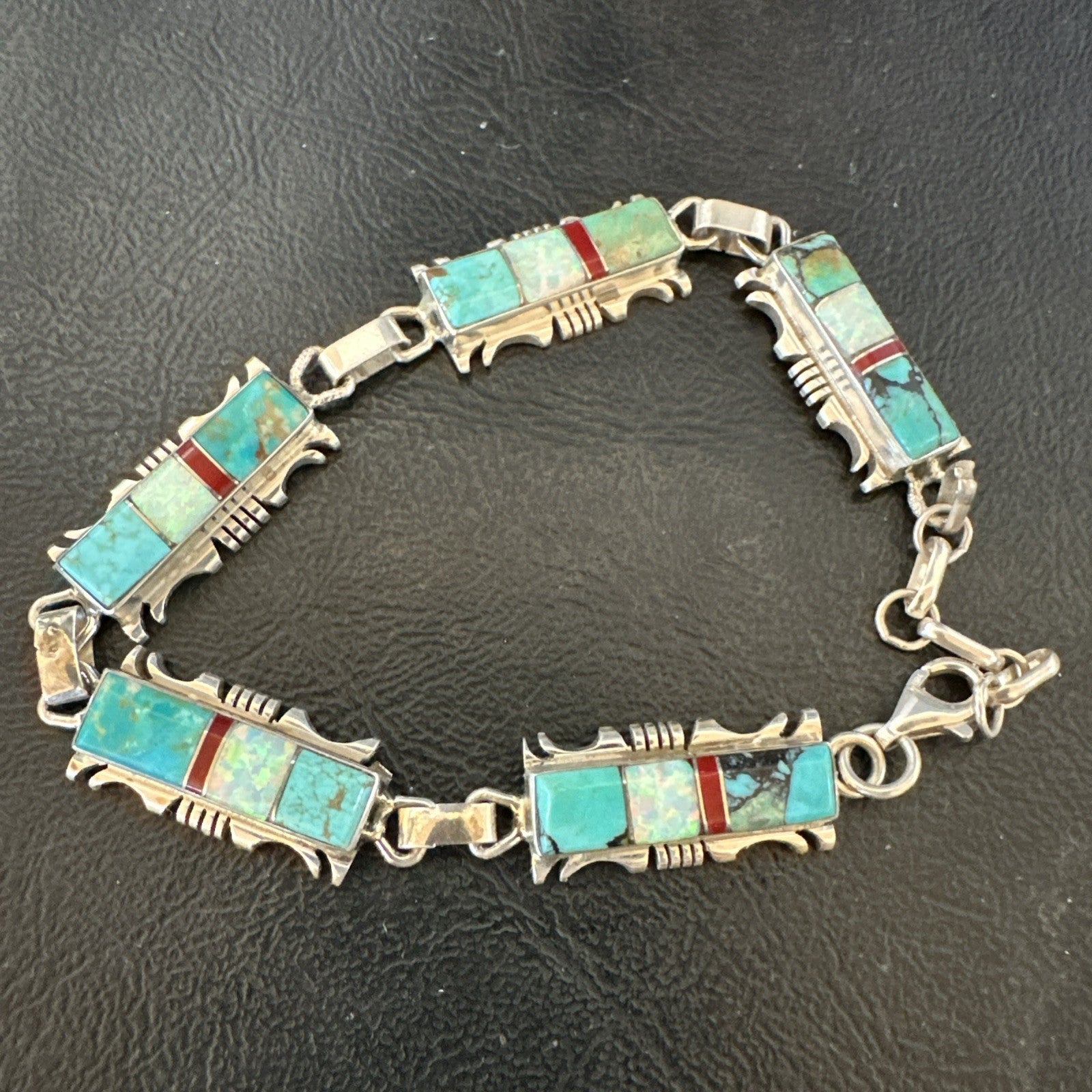 A Womens Blue Turquoise Opal Navajo Sterling Silver Link Bracelet 9" 19791