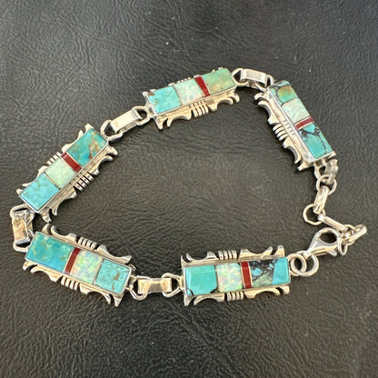 A Womens Blue Turquoise Opal Navajo Sterling Silver Link Bracelet 9" 19791