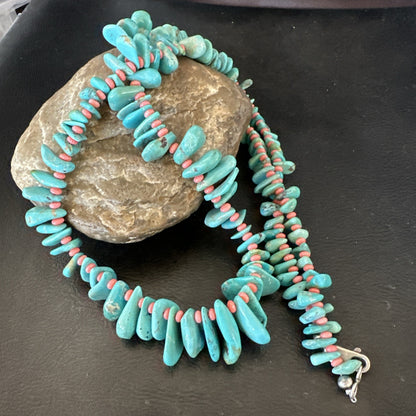 Mens Women Navajo Blue Turquoise Pink Coral Necklace Sterling Silver 28” 19746