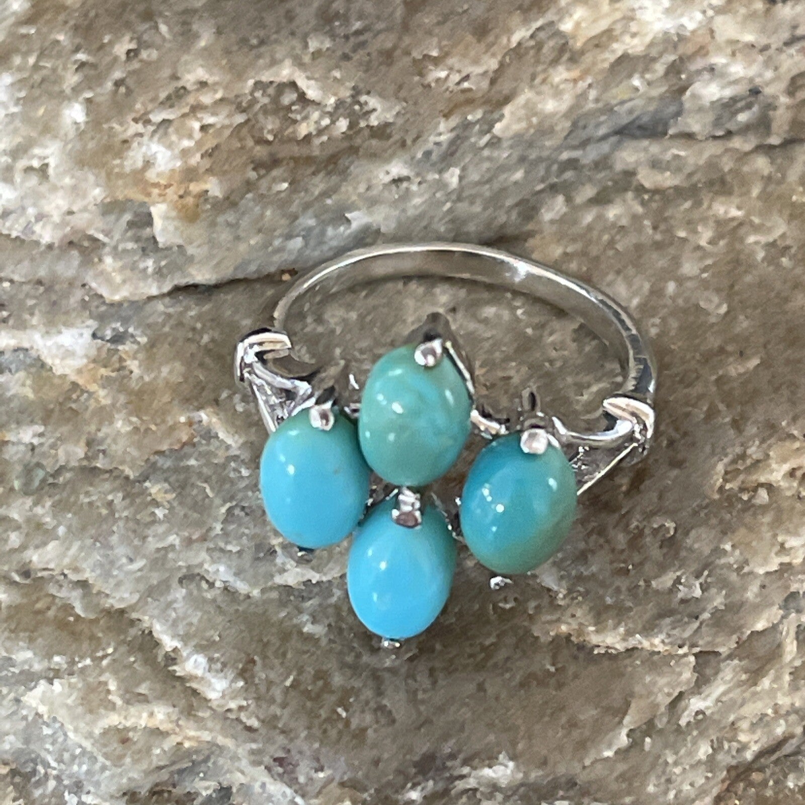 Blue Turquoise Navajo Sterling Silver Cluster Ring Size 6.5 11448