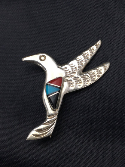 Turquoise & Coral Hummingbird Navajo Sterling Silver Pin 02899