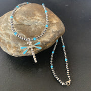 Blue Turquoise Dragonfly Pendant Zuni Necklace | Sterling Silver | Authentic Native American Handmade | 12058