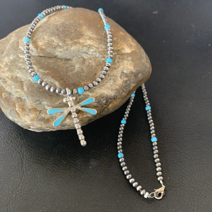 Blue Turquoise Dragonfly Pendant Zuni Sterling Silver Necklace 12058