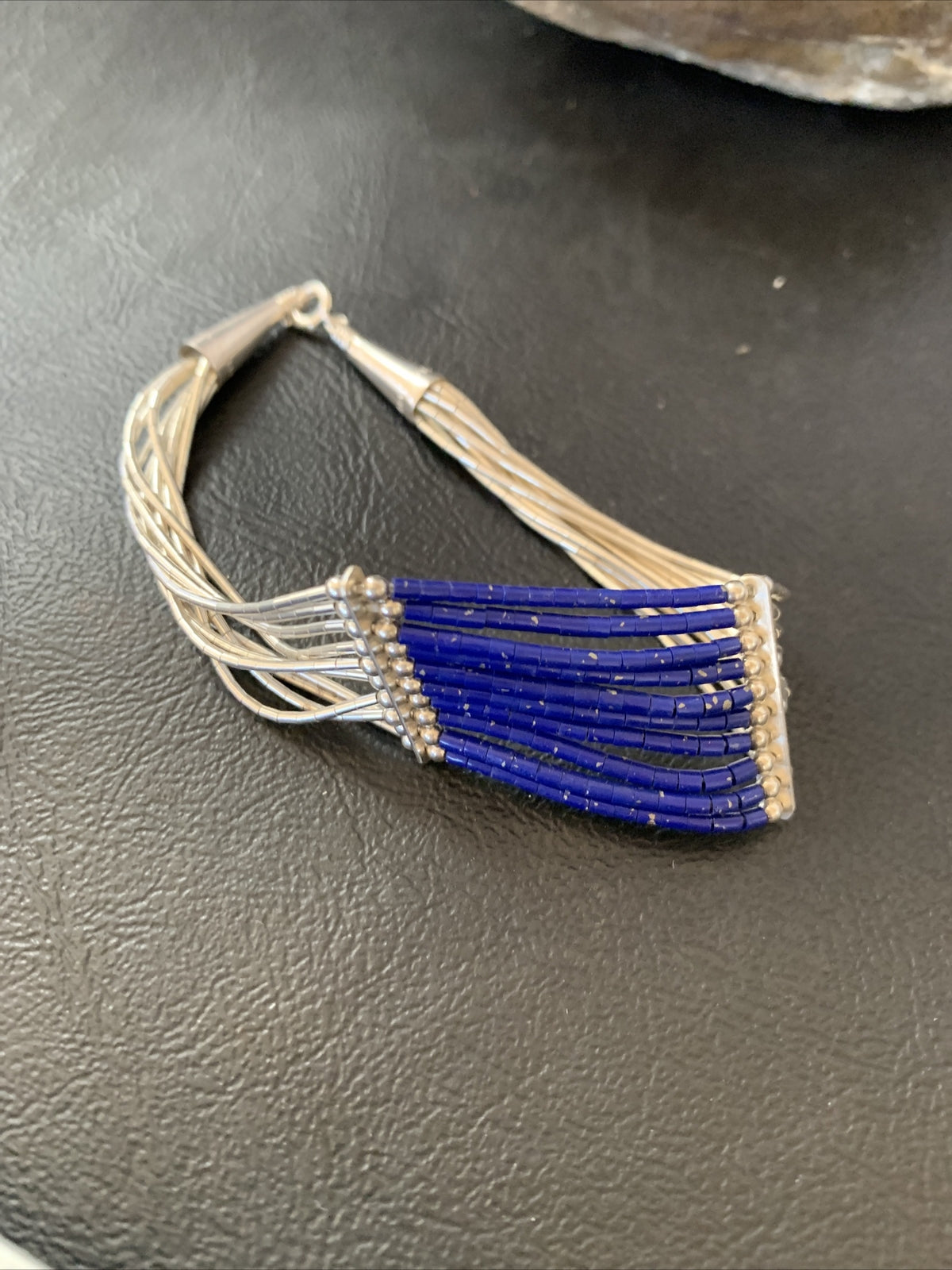 Blue Lapis Liquid Heishi Tubes 10 Strands Sterling Silver Bracelet 7.25" 12635