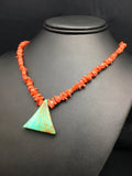 Kingman Turquoise Pendant Coral Brass Old Pawn Necklace 19" | Authentic Native American Handmade | 04029